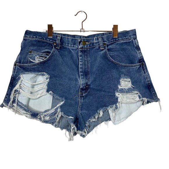 Wrangler Destroyed Cutoff Jean Shorts Size 34 Distressed High Rise Festival - Picture 1 of 9